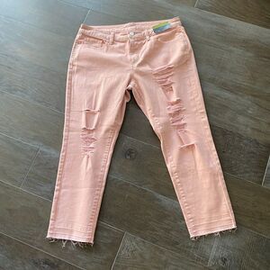 A New‎ Approach Skinny Jeans Women's 12 Peach/Pink Denim Distressed Frayed Ankle
